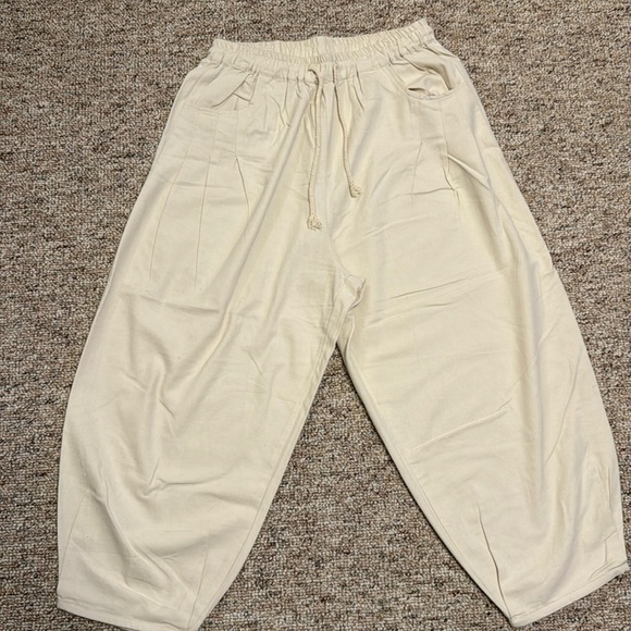 None Pants - Beige wide leg elastic waist pants with pockets